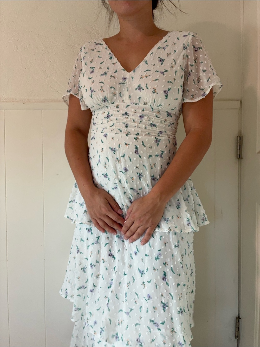White Floral Tiered V-Neck Women's Dress